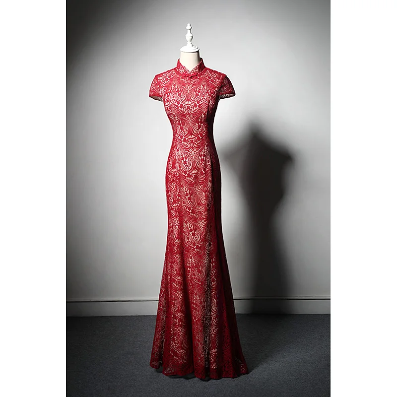 High Quality Chinese Style Cheongsam Wedding Burgundy Short Sleeve Lace Evening Dress Bridal Toast Dress