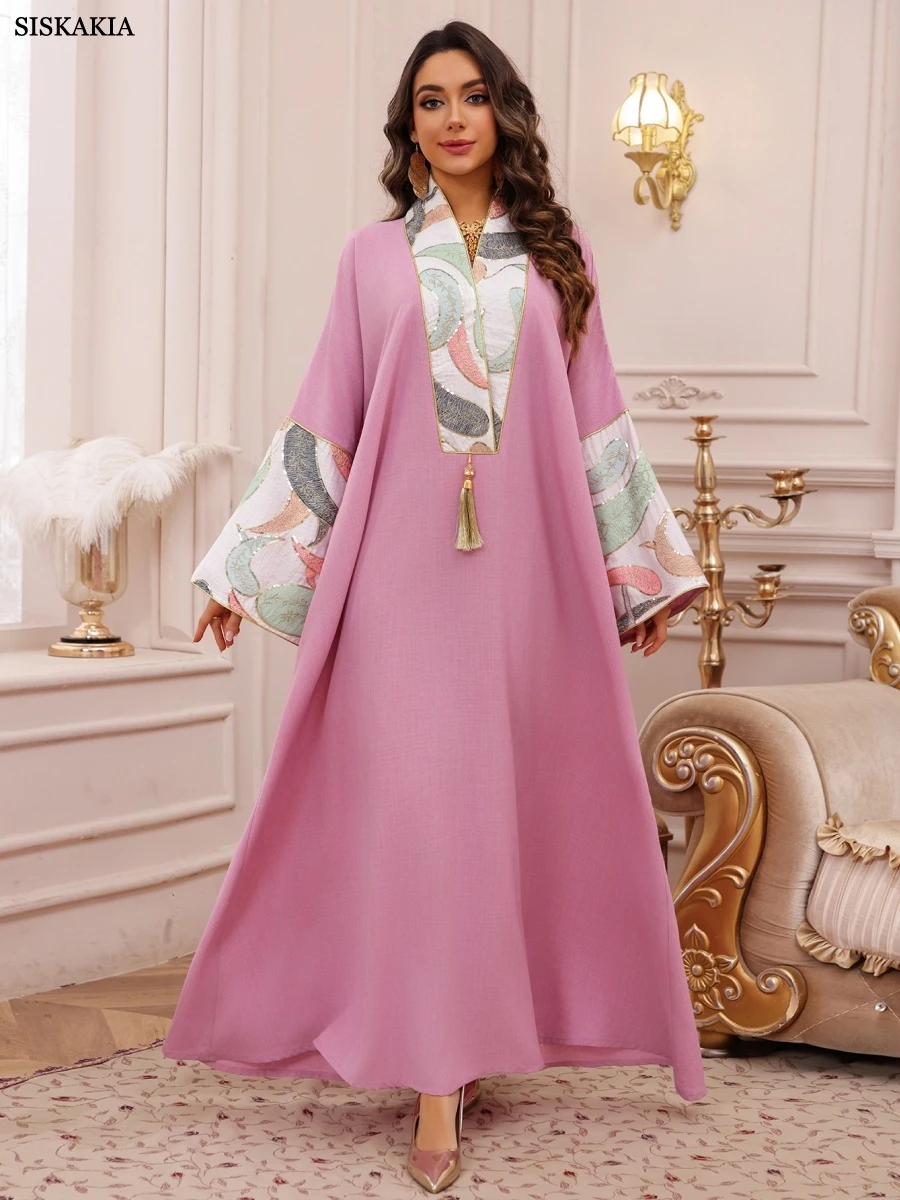 Siskakia New Muslim Elegant Patchwork Maxi Abaya Fashion Tassel Dress Embroidery Loose Kaftan