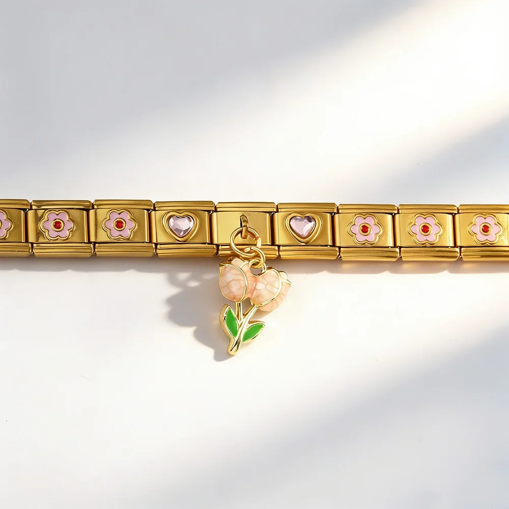 Pink Color Heart Love Flowe Rose Element Tool Combination Set 9mm Italian Charm Bracelet Stainless Steel DIY Gold Color Jewelry