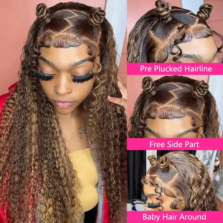 العسل شقراء ملونة 13X6 تسليط الضوء على شعر مستعار شعر الإنسان براون الدانتيل شعر مستعار أمامي شعر بشري مجعد الباروكات عذراء موجة عميقة الدانتيل شعر مستعار أمامي