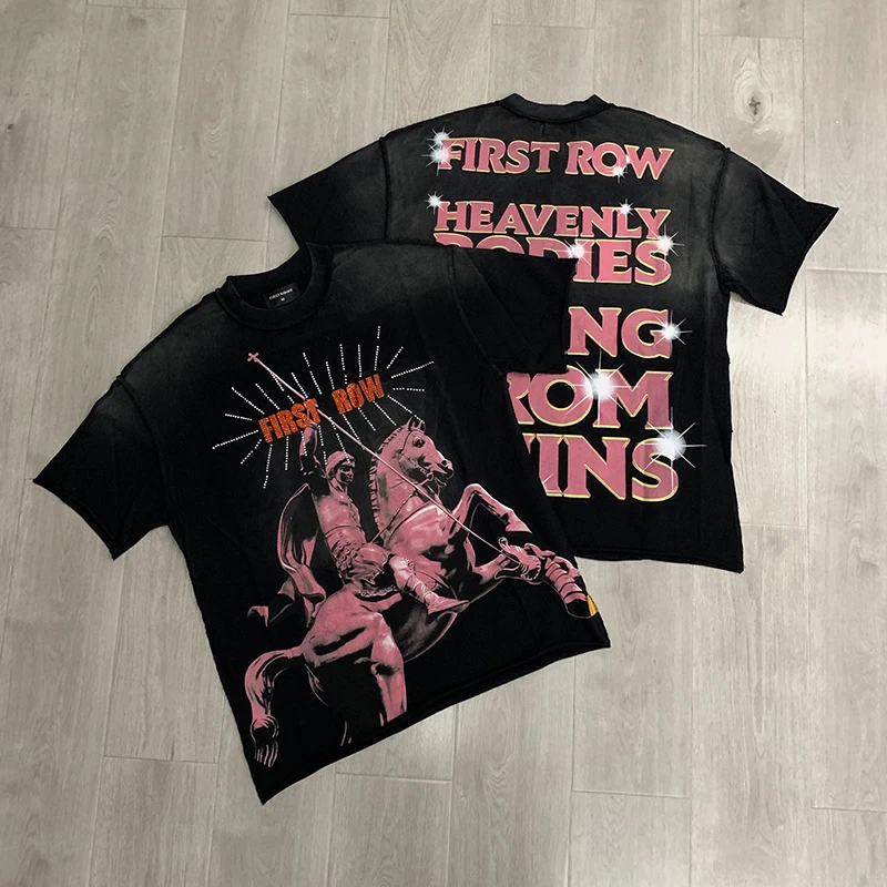 2026 New FIRST ROW T-shirt War Horse Letter Print Unisex High Street Rhinestone Trendy Retro Short Sleeve Tee