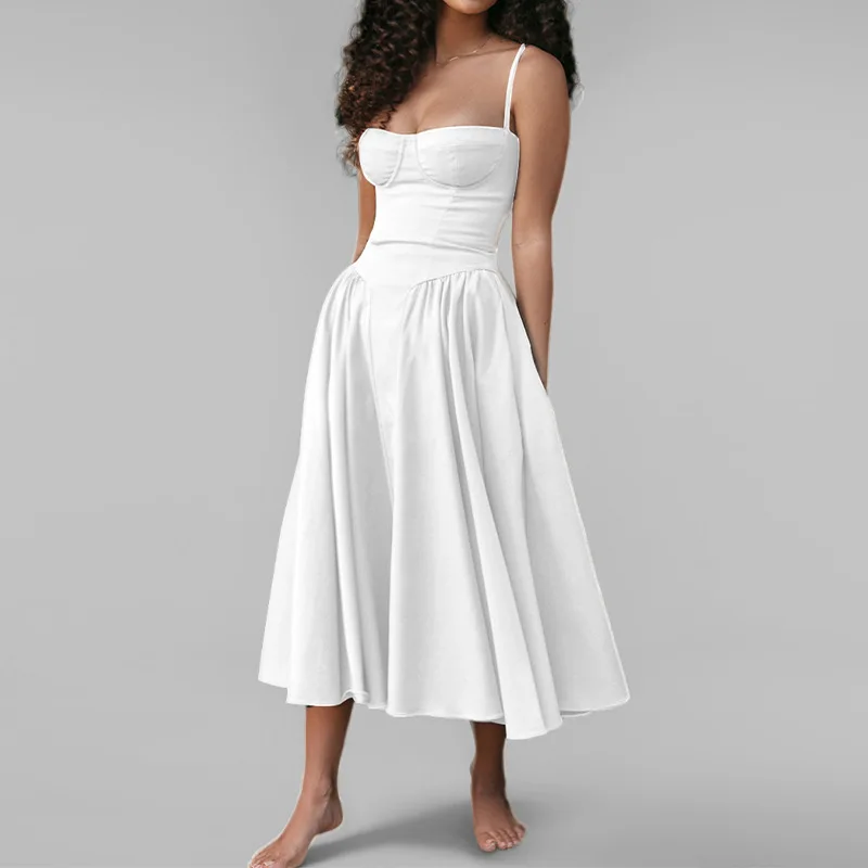 Summer Sexy Red Strapless Waist-Cinching Women's Dress Fashionable Trendy Commute Style High Waist A-Line Skirt Polyester