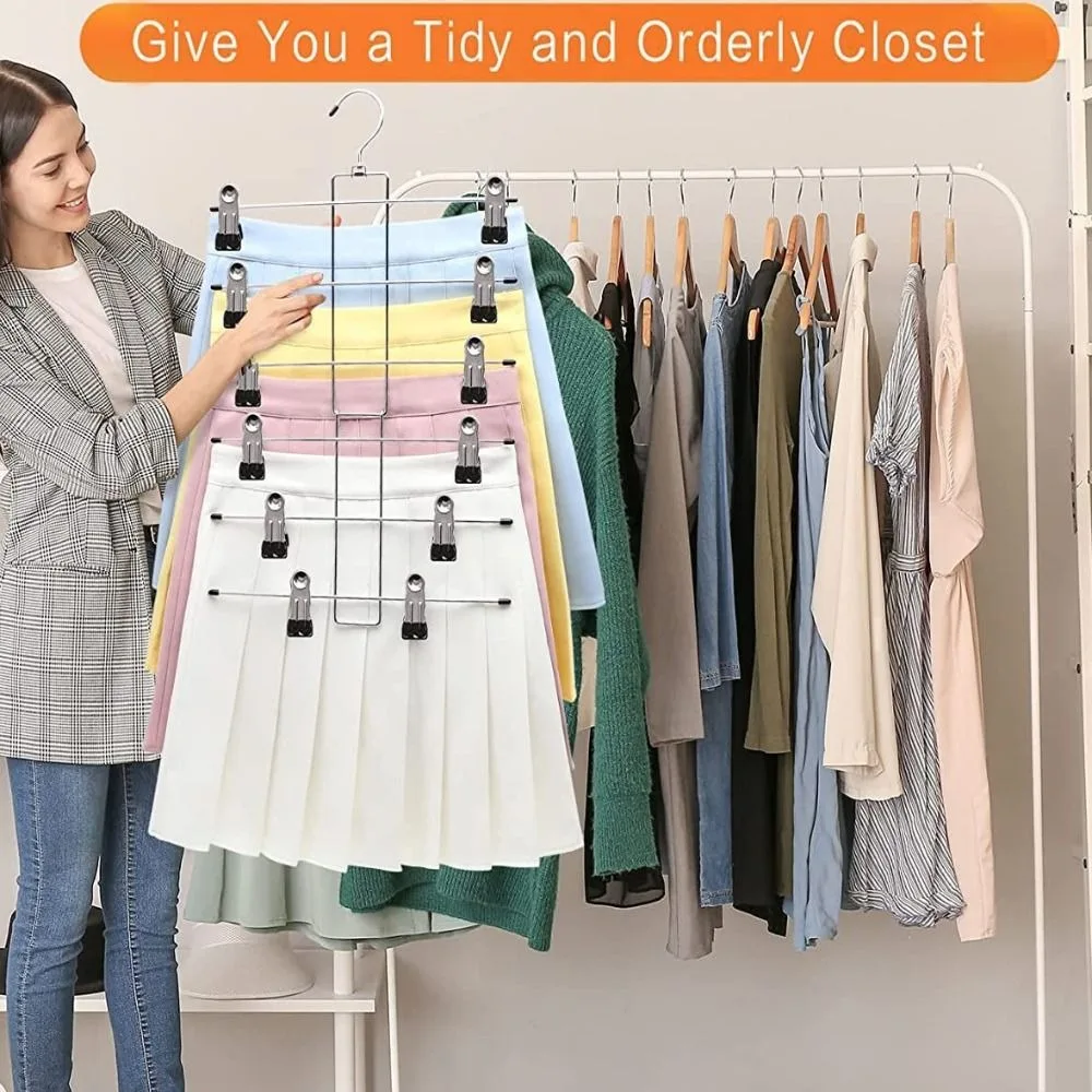 6 Layer Clothes Hangers Multilayer Skirt Trouser Hanger for Pants Non Slip Metal Hanger Clips Clothing Storage Rack Holder