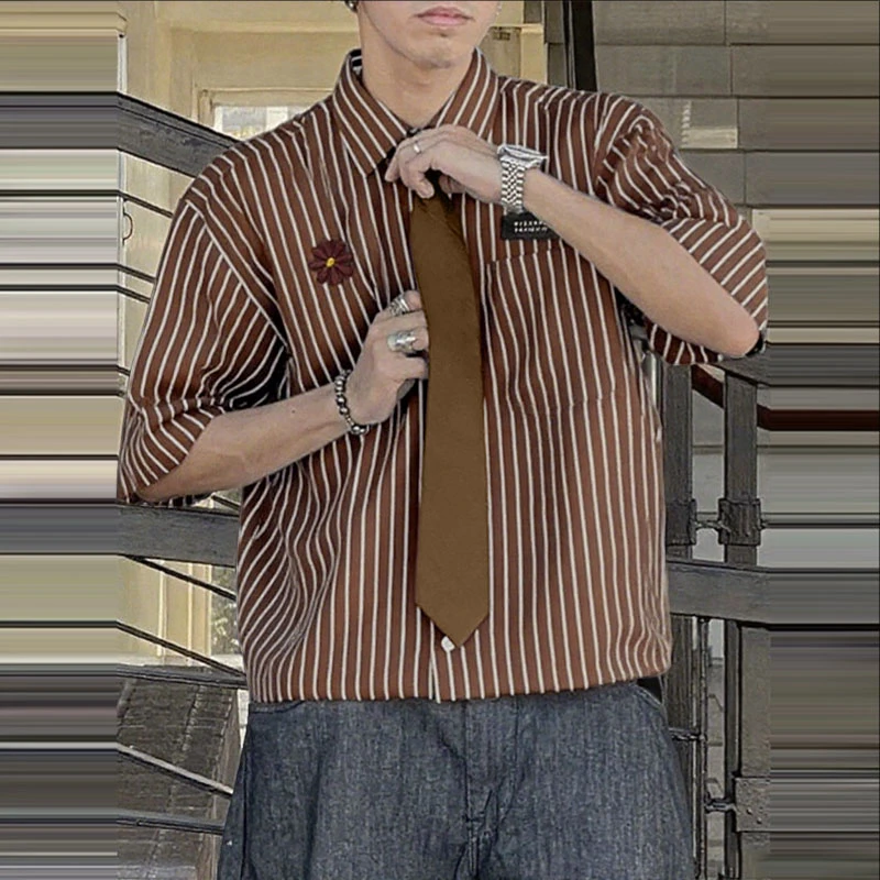 

INCERUN Мужская рубашка в полоску с цветочным принтом в стиле пэчворк с лацканами и коротким рукавом Мужская одежда с галстуком Уличная одежда Свободные повседневные рубашки в корейском стиле