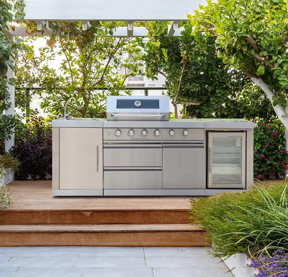 

J611 Outdoor Kitchen Island All Stainless Steel Outdoor BBQ Waterproof with Outdoor Fridge 4 Burners BBQ