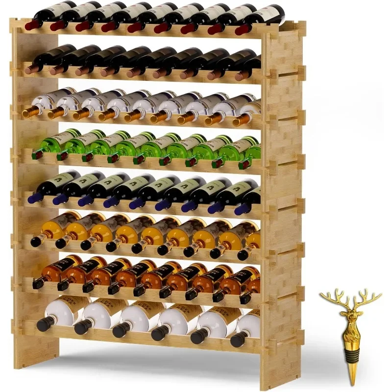 Wine Rack Freestanding Floor, Bamboo 8-Tier 69 Wine Bottle Holder Racks Countertop Cabinet Display, Wooden Stackable Modular