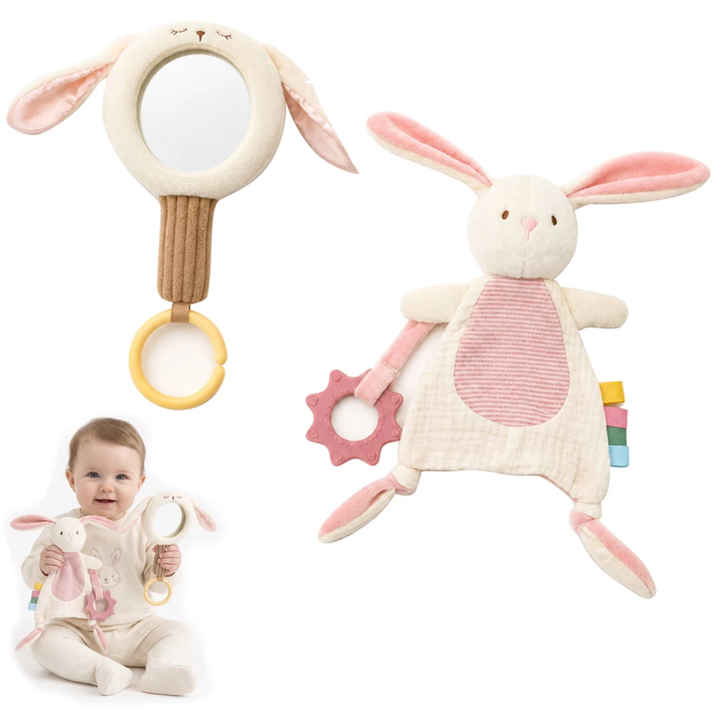 Mirror Plush Soft Toy 2 Piece Baby Bunny Sensory Baby Toys Handheld Ribbed Handle Silicone Teether Fine Motor Skill Toys Gifts