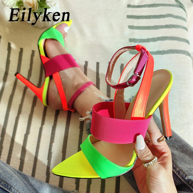 Eilyken Sexy Pointed Toe Sandals Women Fashion Mixed Color Ankle Strap Summer Party Stripper Thin Heels Zapatos Mujer