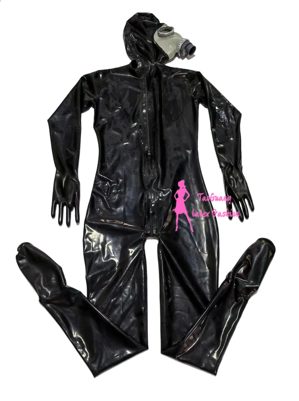 Black Full Cover Latex Catsuit Fetish Bodysuits Attach Gas Mask with Zipper