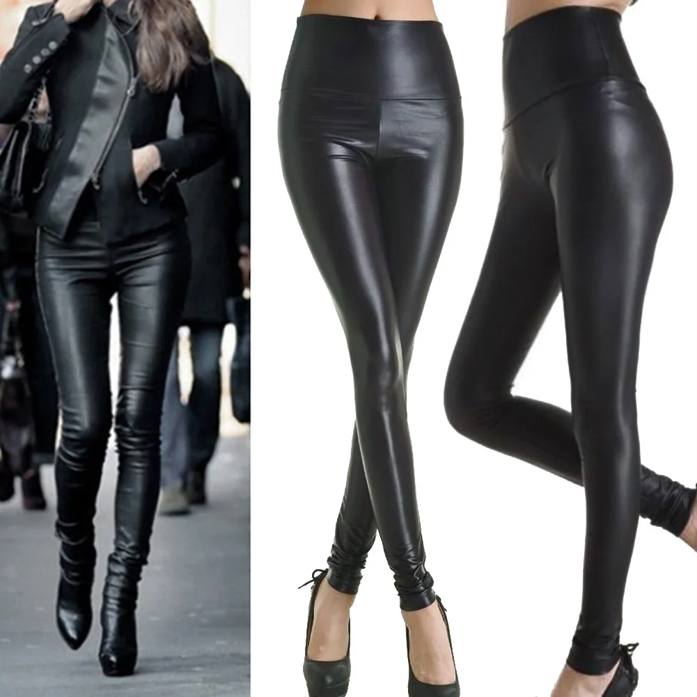 

PU Waistband Stirrup Tight Sexy Stretchy Women Opaque Tights All Black Faux Leather for Leisure Work Home Shopping