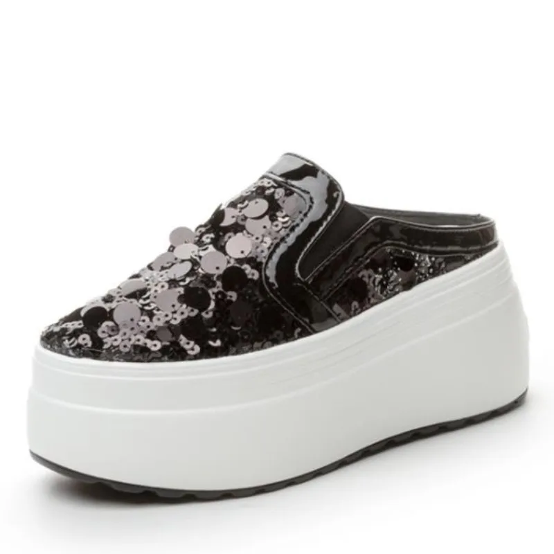 

Высокое качество 8 см, женские сандалии из натуральной кожи с воздушной сеткой, блестящие массивные кроссовки, туфли-лодочки на платформе, летние тапочки на танкетке, повседневная обувь