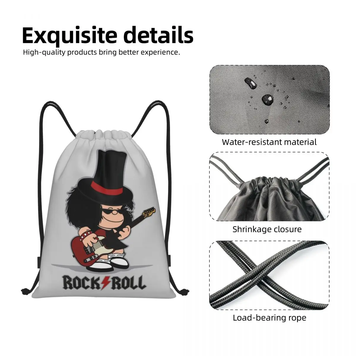 Mafalda Rock Guitar Drawstring Mochila para Homens e Mulheres, Quadrinhos, Mafalda, Esporte, Ginásio, Portátil, Desenhos Animados, Quino, Manga, Saco de Treino