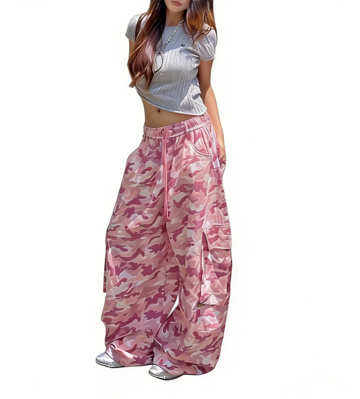 Pantaloni Cargo Americani Unici in Camouflage Rosa, Vita Alta, Gamba Larga, Casual Streetwear con Coulisse in Vita e Tasche Laterali, Stile Hip Hop e Danza