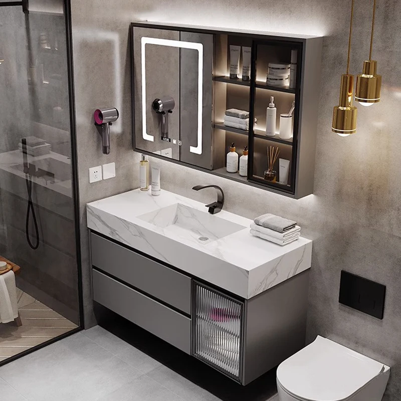 Bathroom CabinetModern LED Smart Mirror Sintered Stone Wall-Mounted Bathroom Vanity With Sink-Water Resistant Eco-Friendly Hotel