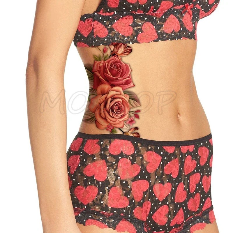 Pink Bloom Rose Water Transfer Fake Tattoo Stickers Women Body Chest Art Temporary Waist Bracelet Flash Tatoos Flower For Girl