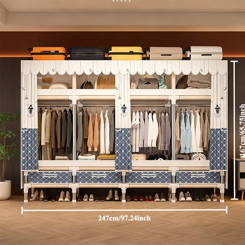 

Большой органайзер для гардероба для хранения вещей — 4 ящика + 4 подвесных стержня, пылезащитный шкаф с металлическим каркасом 16 мм (97,2x17,7x65,7 дюйма)
