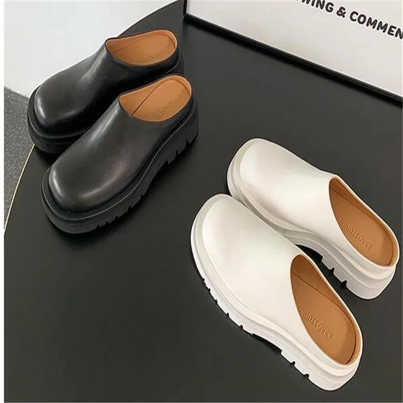 Women Slippers 2023 Summer Fashion Leather Shoes Loafers High Platform Slippers Women Black High Heels Mules Shoes Slides Women