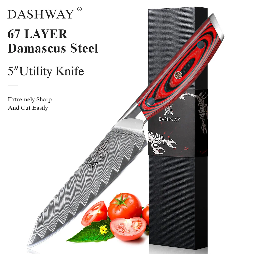 

DASHWAY 5" Kitchen Utility Knife Damascus Steel Professional Petty Chef Knives Peeling Fruit Knife Vegetable Meat Cooking Tools