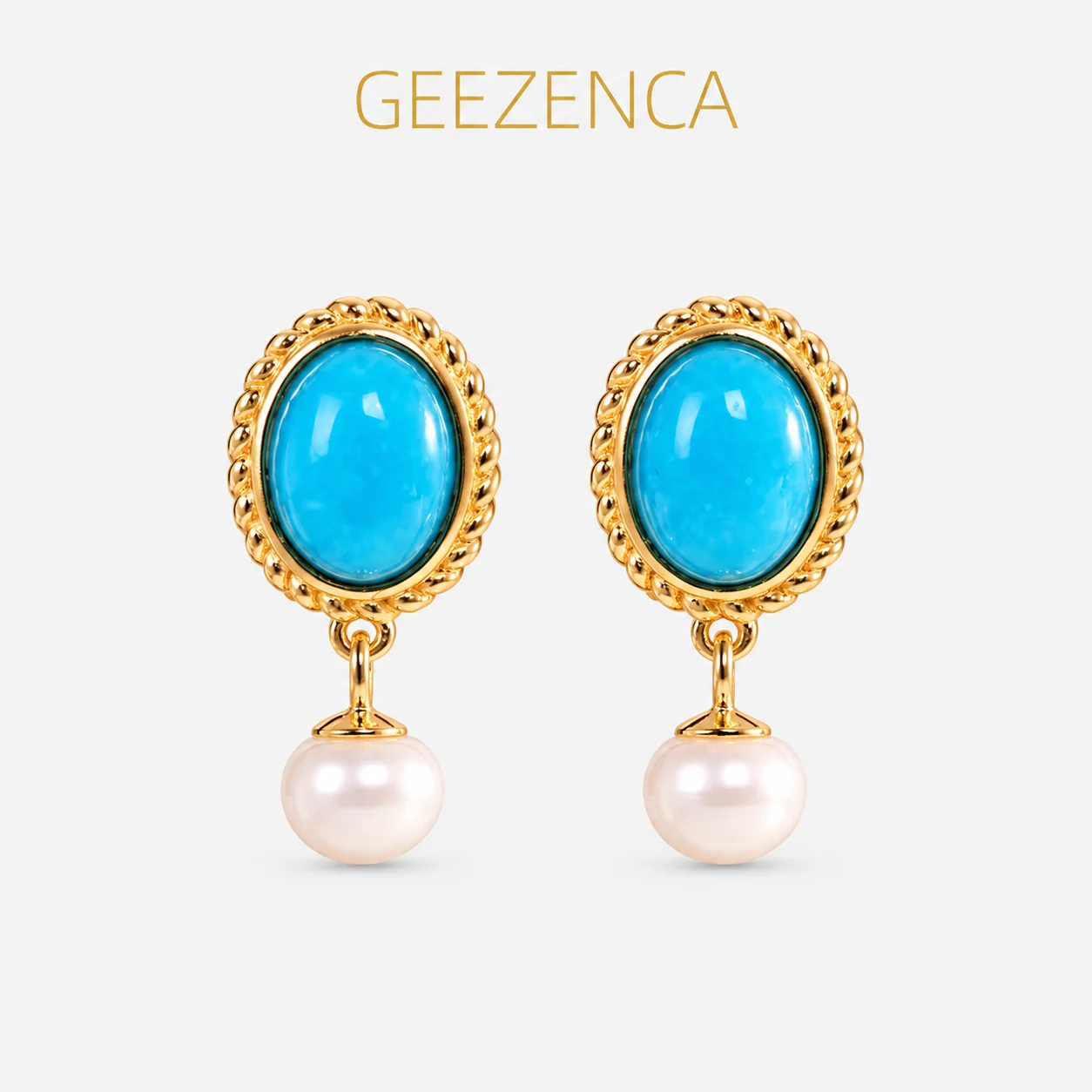 GEEZENCA 925 Sterling Silver 18K Gold Turquoise Pearl  Earrings For Women Oval Water Drop Geometric Chic Small Earring New Gift
