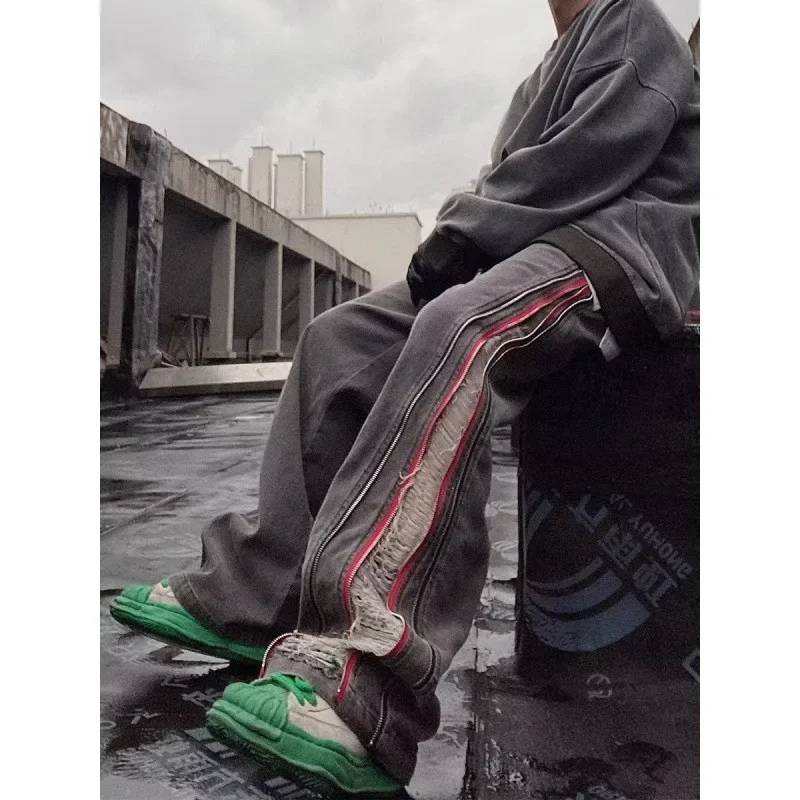 LIBIELIY أربعة مواسم الرجال فضفاض وهمية سستة مخطط رمادي الجينز المظلة السراويل شارع العليا التجفيف السريع العصرية واسعة الساق Dnim P