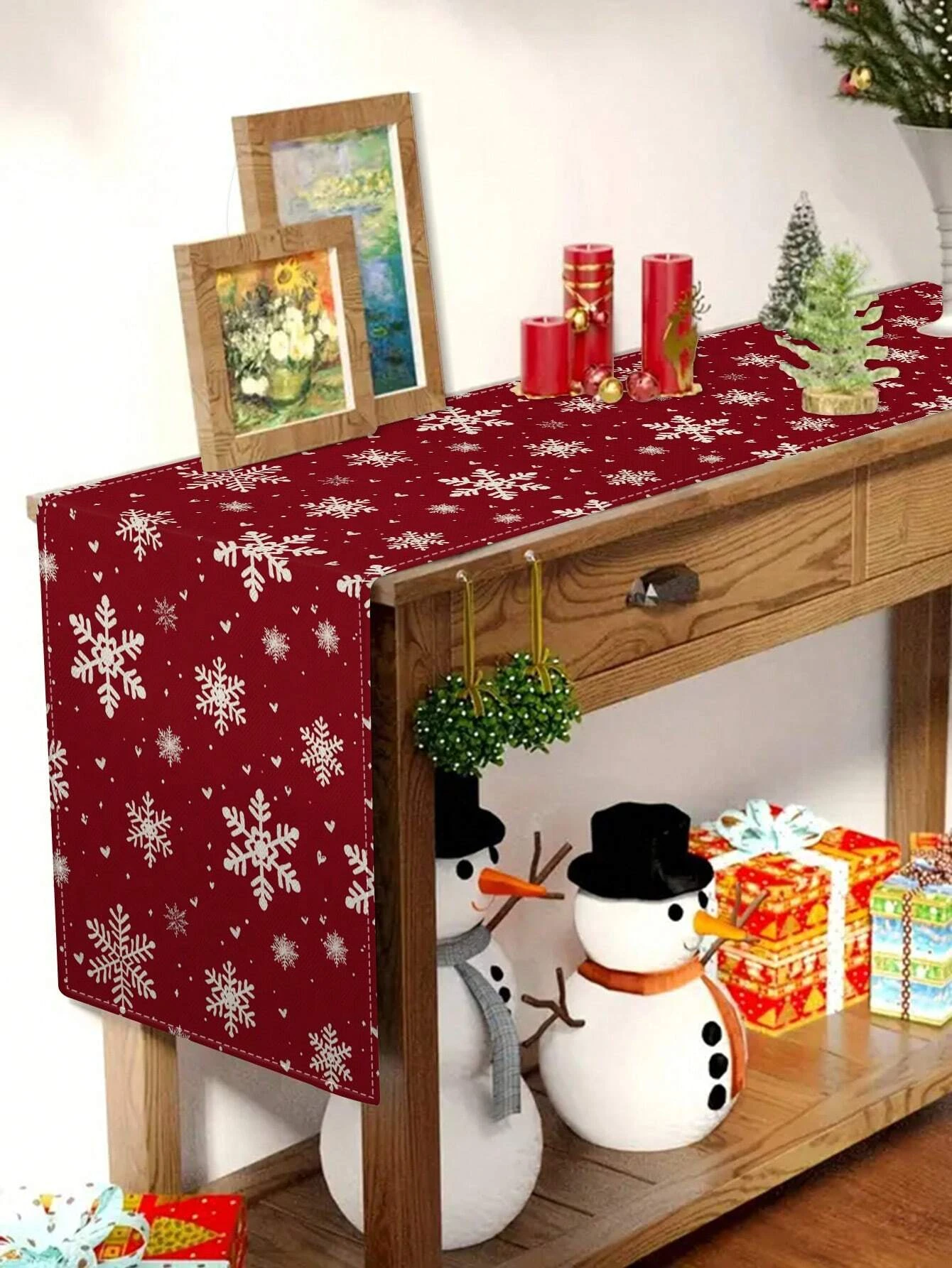 Weihnachts-Schneeflocken-Tischläufer, weißes Schneeflocken-Herzmuster für Weihnachten, Konsole, Tischdekoration, Urlaub, Heimdekoration, festlich