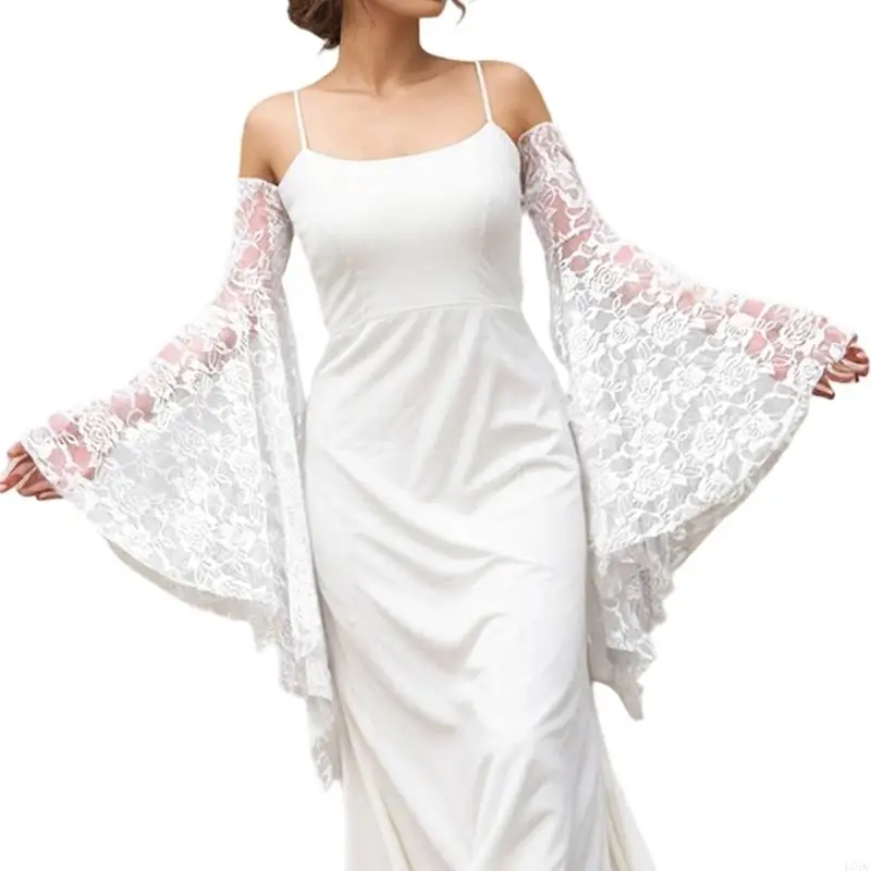 Eleganti coperture per braccio maniche a pizzo svasato lungo per donne abiti da sposa e feste serali che raccolgono donne