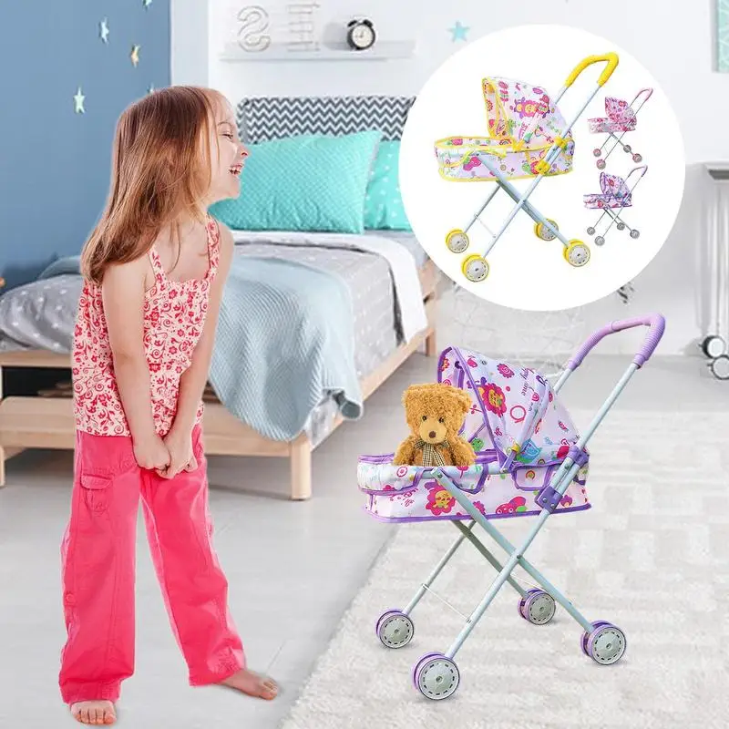 Versatile Doll Stroller Foldable With Canopy Kid Stroller Dress Girls Stroller Ages 3+ Kids Gift Toy Girl Doll Accessories Girls