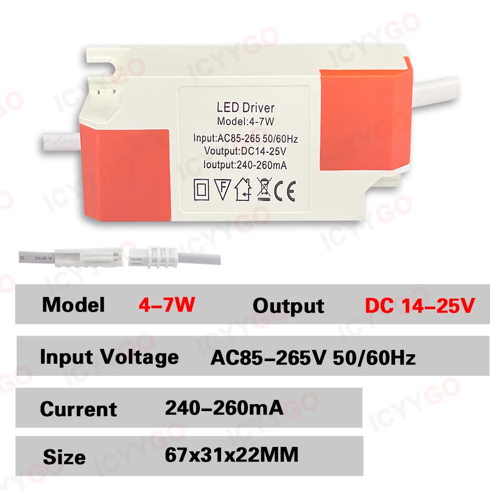 Controlador LED 240-260mA 1-3W 3-5W 4-7W 8-12W 12-18W 18-24W Unidad de fuente de alimentación LED AC85-265V Transformador de iluminación LED Carcasa