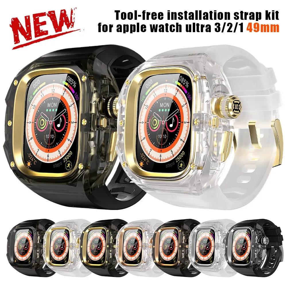 フッ素ゴムバンド-ステンレススチールケース-apple-watch-ultra-3-2-1-用シリコンストラップ-iwatch-ultra-49mm-高級改造キット