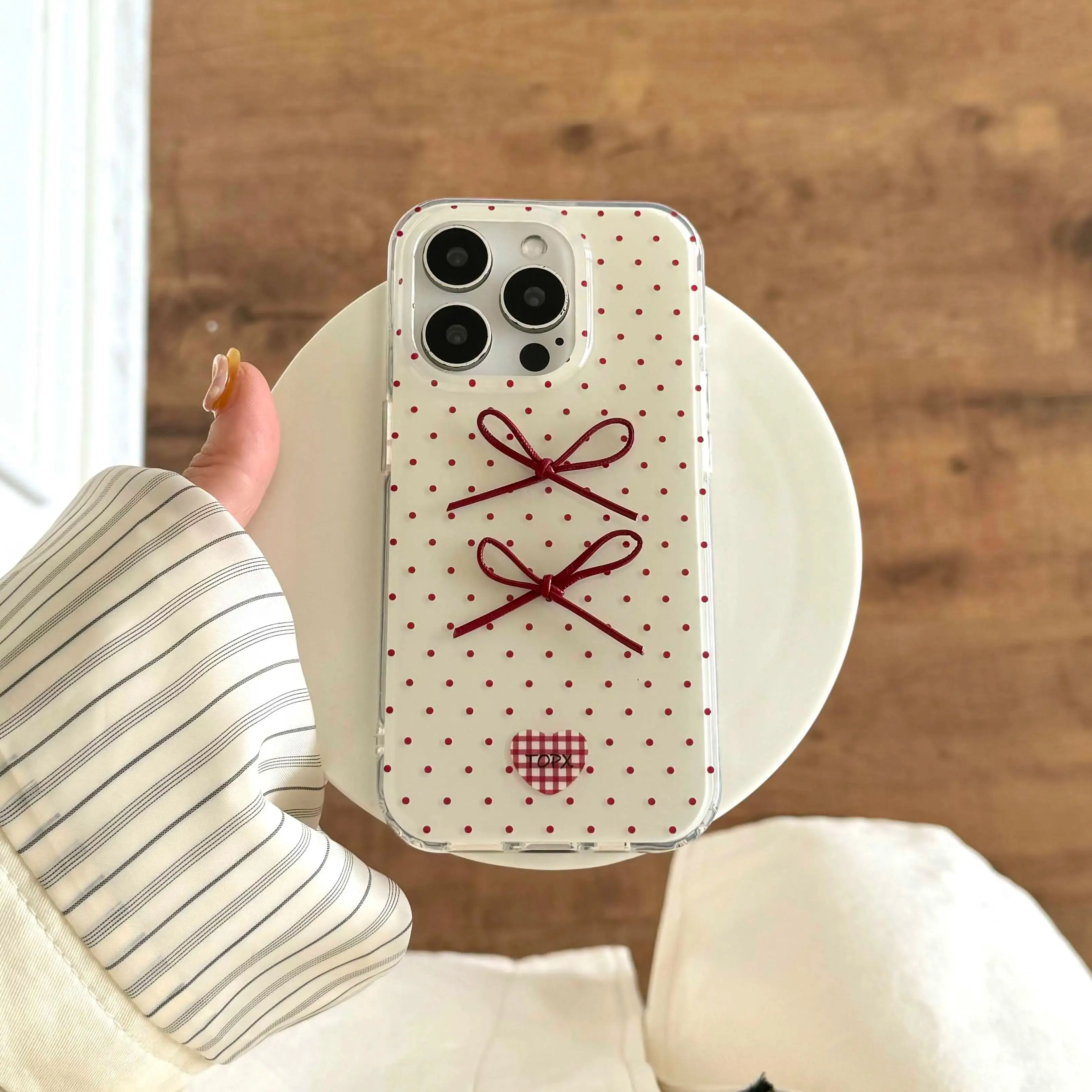 3D Leather Bowknot Ins Points Red Shell For Iphone 16Pro 12 16 13 14ProMax 14 15 Pro Max 15ProMax 13Pro 2Pro Winter Phone Case