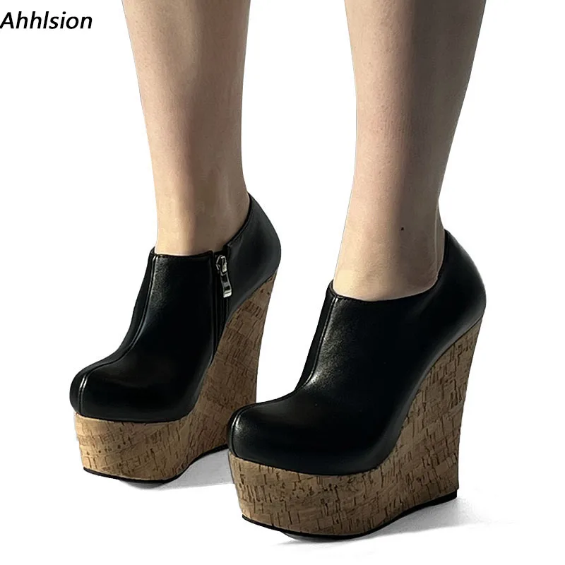 Ahhlsion Real Photos Women Platform Pumps Wedges Heels Round Toe Pretty Black Banquet Ladies Shoes US Plus Size 5-20