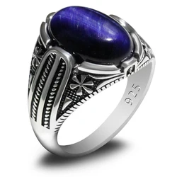 New S925 Sterling Silver Men's Türkiye Handmade Ring Oval Natural Blue Tiger Eye Vintage Fashion Punk Luxury Jewelry Gift