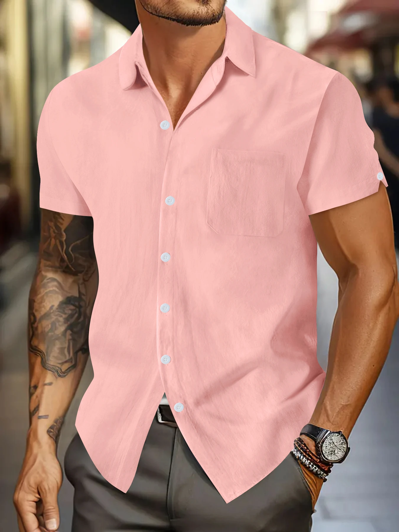 New cotton linen men\'s short-sleeved shirt Summer solid color lapel casual breathable shirt