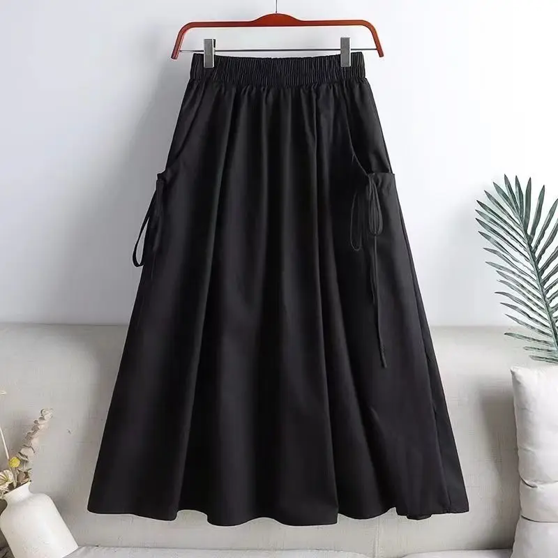 Summer New All-match Pleated Drawstring Skirts Elastic Waist Lacing Loose Pockets A-line Skirt Casual Fashion Women Clothing