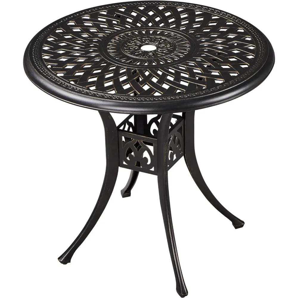 31in Cast Aluminum Patio Table with Umbrella Hole, Outdoor Round Anti-Rust Small Table with Umbrella Hole