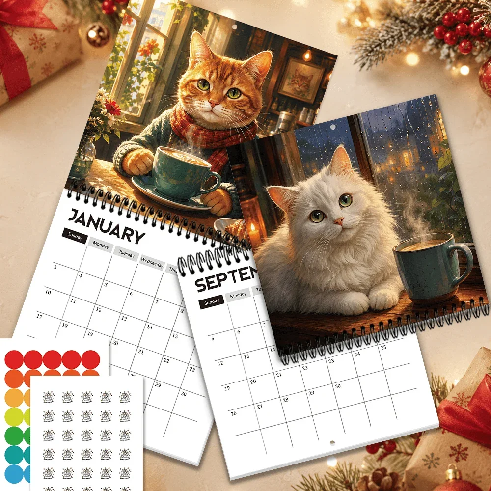 1pc 2027 Retro Coffee Shop Kitten Wall Calendar,12-Month Monthly Planner,Perfect Gift for Back-to-School, Christmas, or New Year