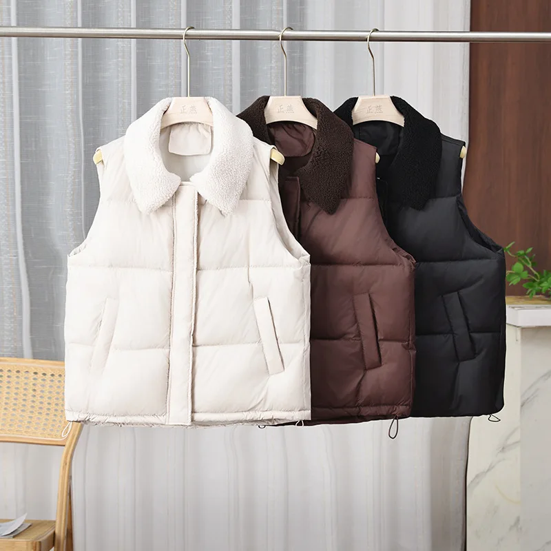 

Autumn Winter Women Cotton Vest Lapel Imitation Lamb Wool Splicing Thicken Sleeveless Jacket American Casual Fashion Warm Vests