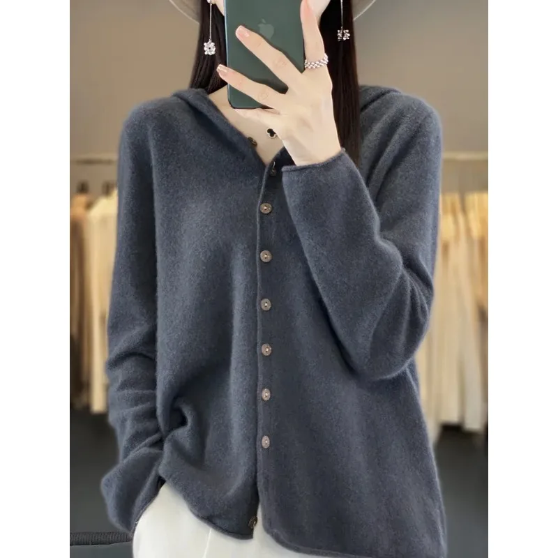 

Spring Autumn Female 100% Merino Wool Sweater Women Knitted Gingrich Cardigan Knitwear Loose Hoodie Tops Traf Y2k N106