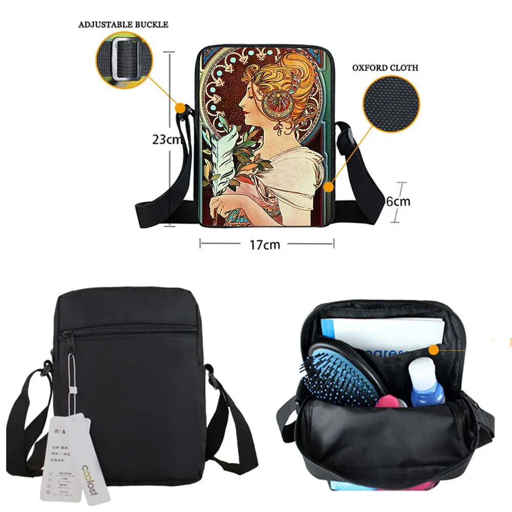 Oil Painting By Alphonse Mucha Print Crossbody Bag Women Handbag Messenger Bags Phone ID Card Key Shoulder Bag Holder Book Bags