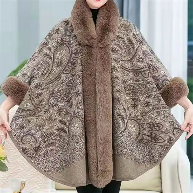 New In 2024 Autumn Winter Print Poncho Women Fashion Hooded Cloak Fur Spliced Cape Cardigan Female Shawl Coats Jackets T74