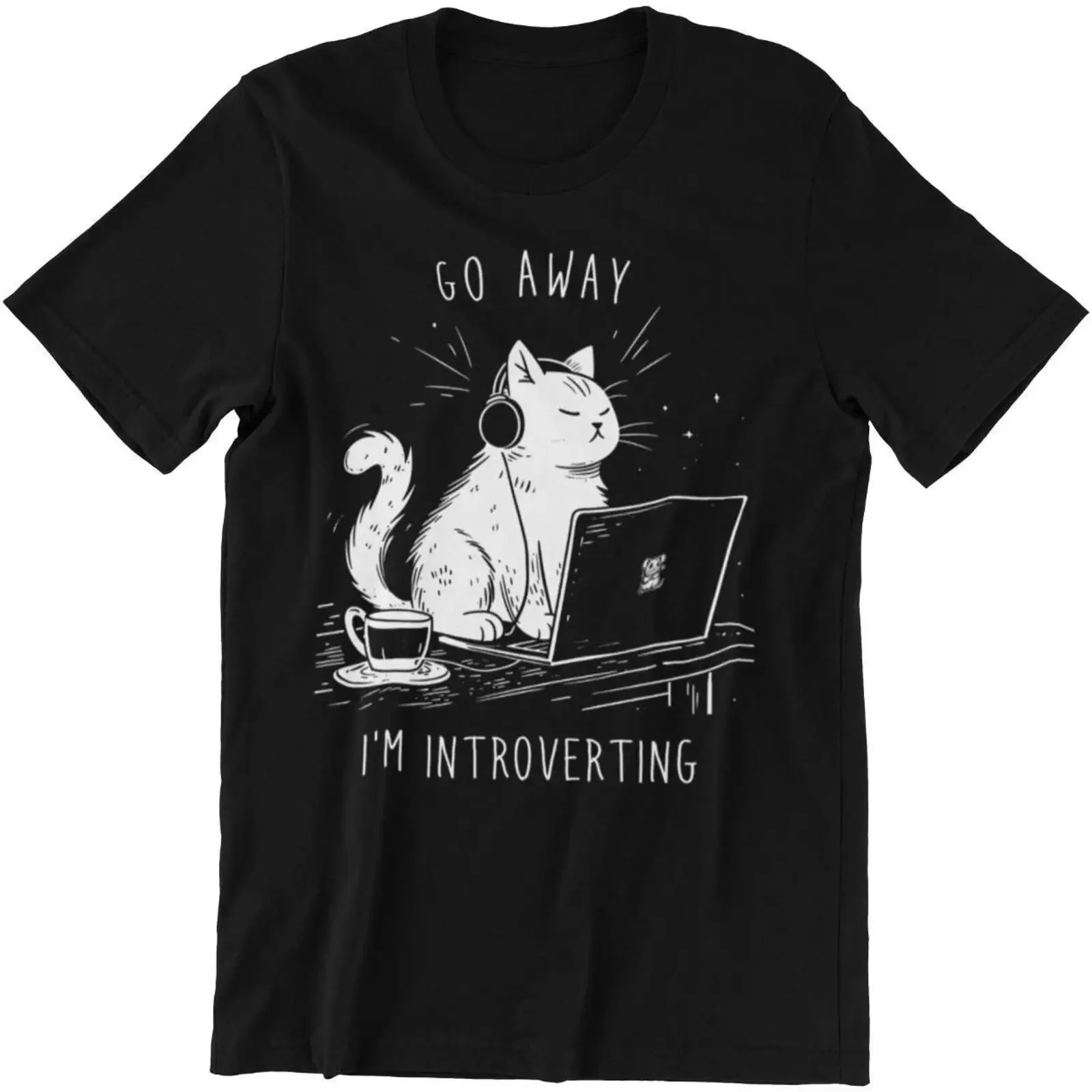 Go Away I'm Introverting Cat T Shirt Funny Introvert Laptop Headphone Coffee Oversized  vintage Washed fashion Soft Casual