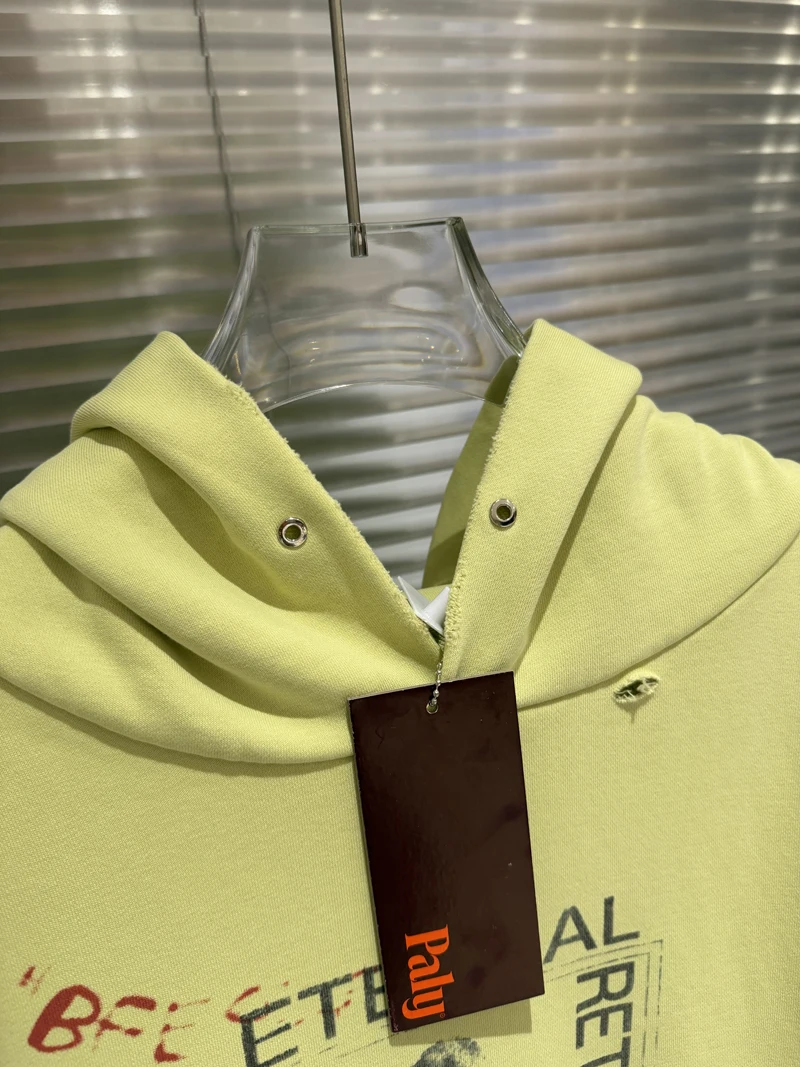 PALY Hoodies High Quality Vintage Yellow Hole Distressed Men Women Loose Pullover Sweatshirts Streetwear