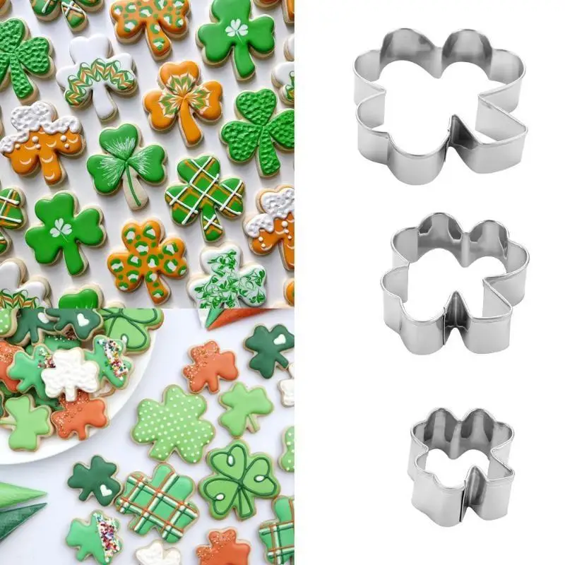 3pcs St Patricks Day Cookie Cutter Set Stainless Steel Clover Shamrock Fondant Mold For Baking