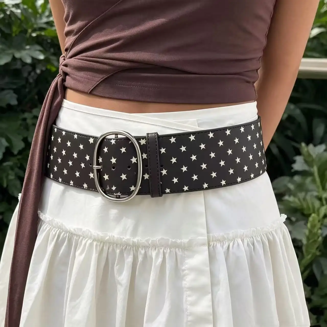 Korean Star Print Waist Belt Women's Oval Button Decorated Waistband Retro Versatile Dress Jeans Belt Wide 6.5cm