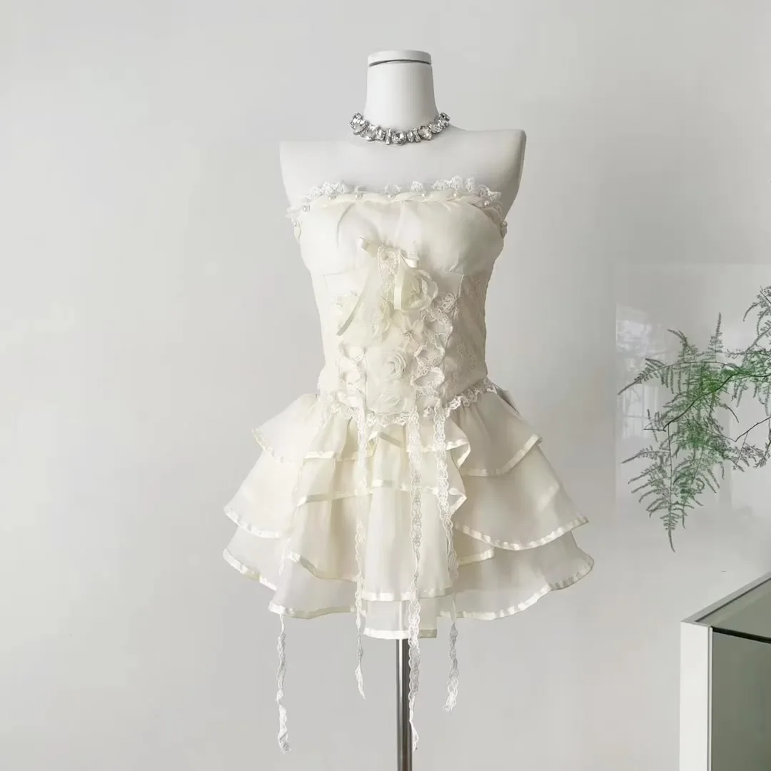 

Summer Women Korean Ballet Core Gyaru Coquette Rave Idols Birthday Evening Outfits 2 Piece Set Lace Tube Top + Mini Ruffle Skirt