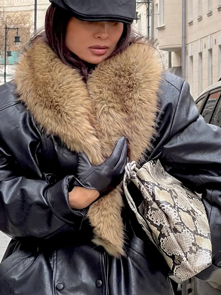 Women Black Faux Leather Coat Big Furry Collar Adjustable Waist Long Sleeve Oversized Thick Windproof Winter Jacket Streetwear