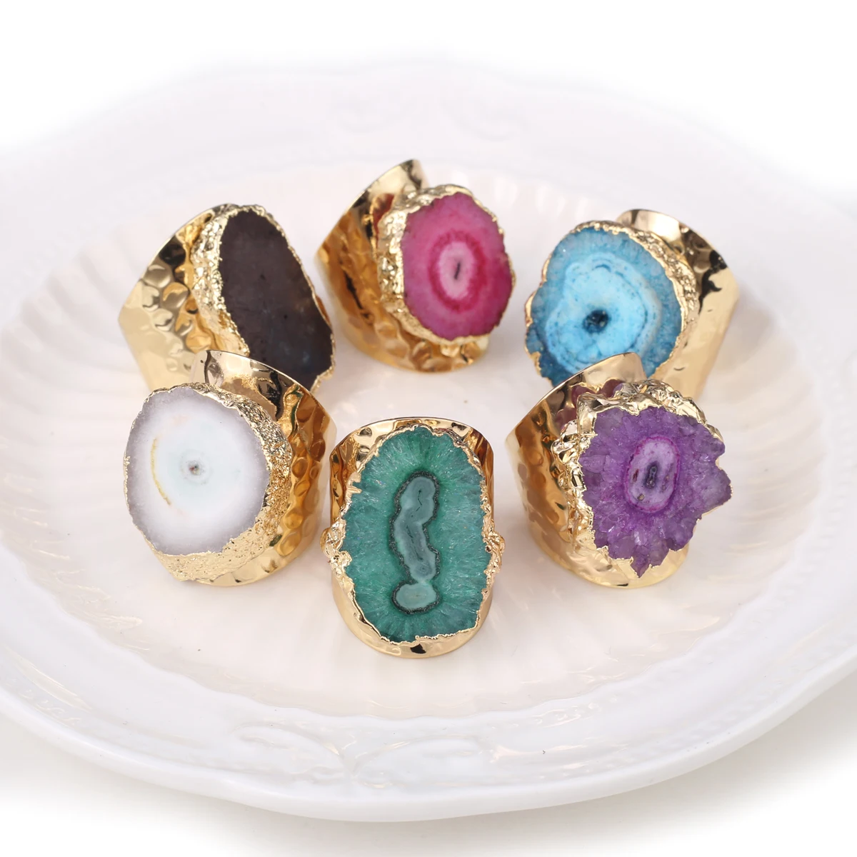 Boho Irregular Natural Stone Agate Slices Sunflower Wide Open Ring for Women Men Gold Plated Resizable Finger Rings Jewelry