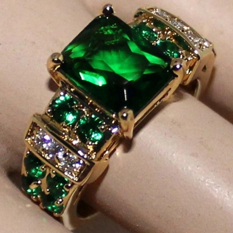 Delicate Luxury Crystal Green Gemstone Rings Girls Cocktail Party Jewelry Wedding Marriage Gold Color Rings