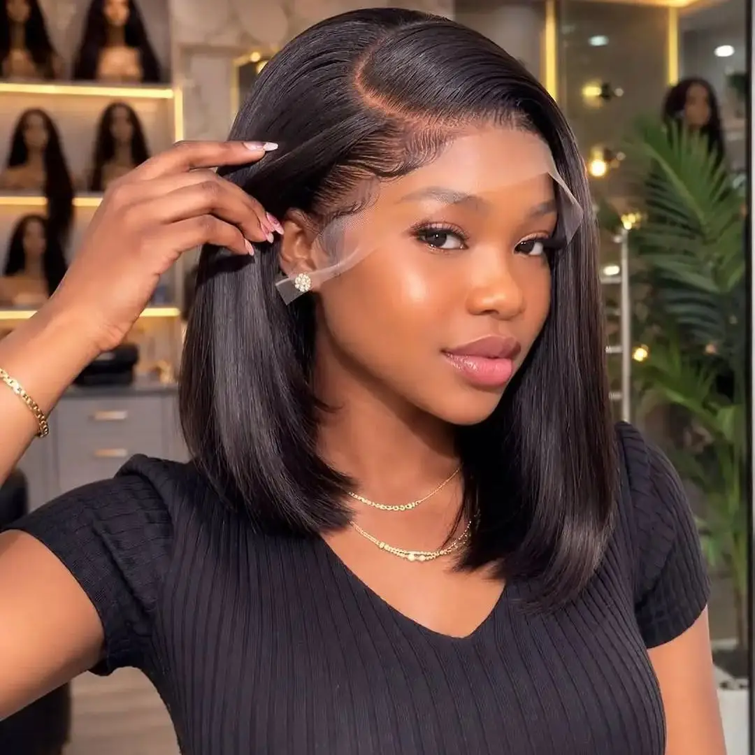 Gerade Kurze Bob-Perücke Echthaar 13x4 Transparente Lace Front Perücken 230 Dichte Natürliches Schwarz Knochenglatte Kurze Echthaar-Perücken