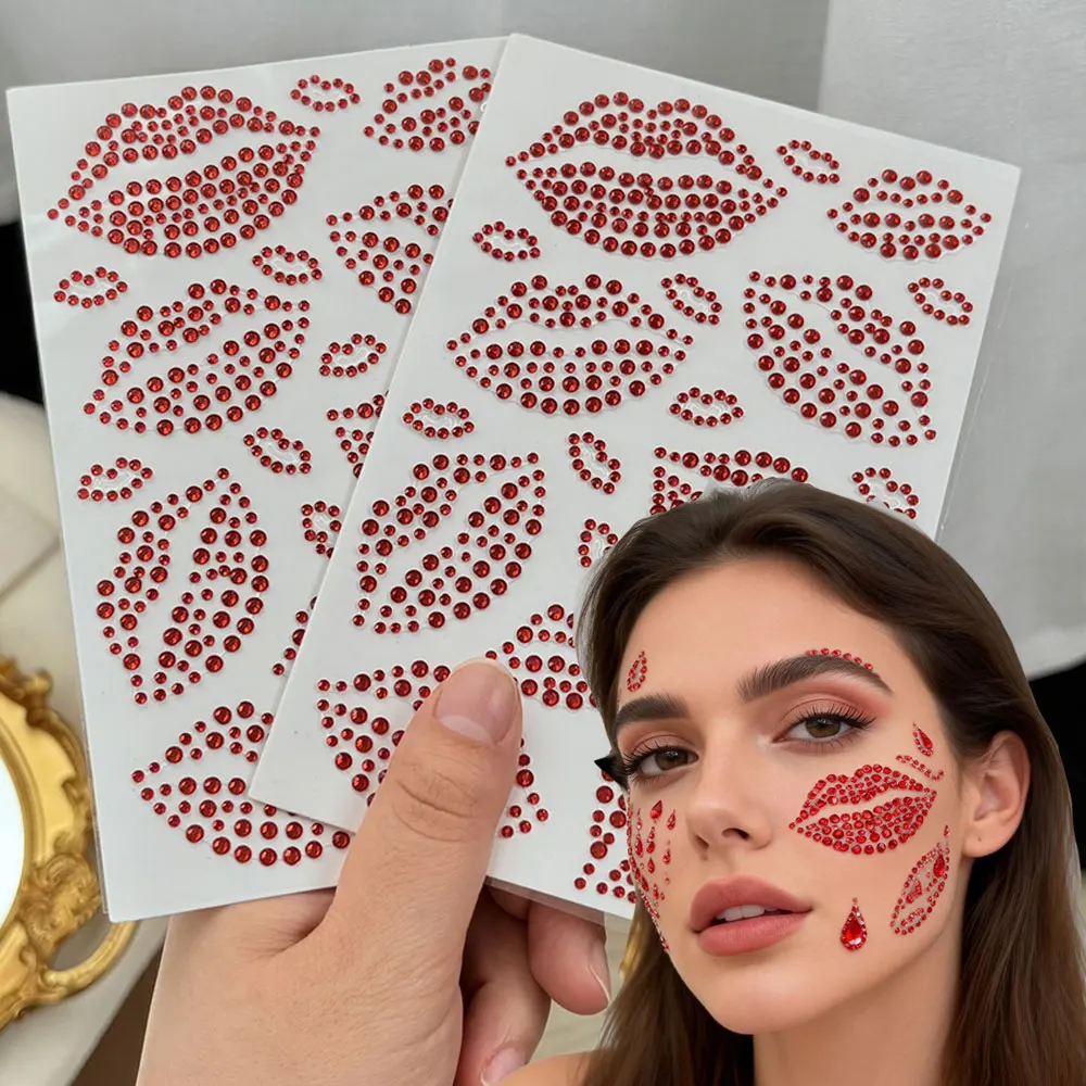1 Pieza de Adhesivos Faciales 3D con Forma de Labios Rojos y Beso Sexy para San Valentín, Adhesivos Faciales Autoadhesivos con Pedrería, Tatuajes Temporales para Maquillaje, Decoración de Fiestas